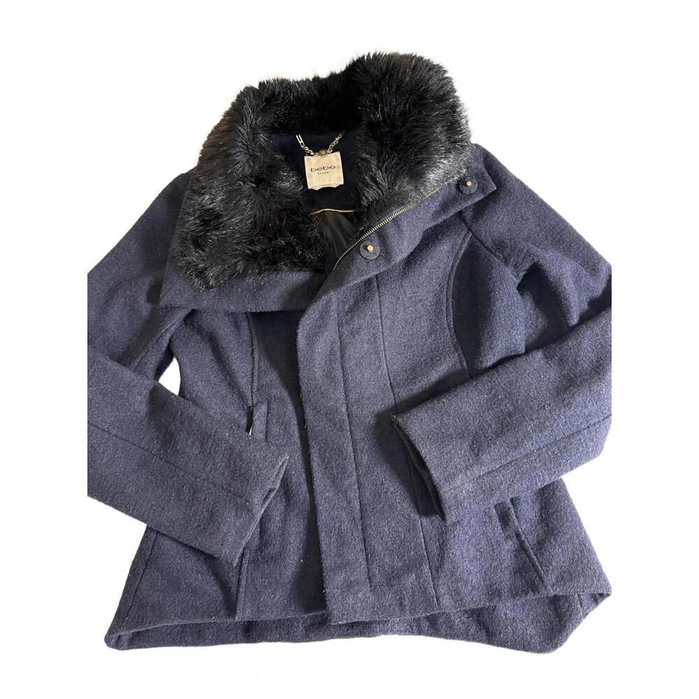 BEBE Dark Navy Blue short wool/blend Y2K Faux fur collar Full Zip Wms Sz‎ Medium